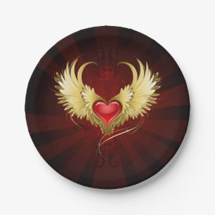 Red Heart with Golden Wings Paper Plate