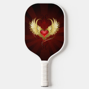 Red Heart with Golden Wings Pickleball Paddle