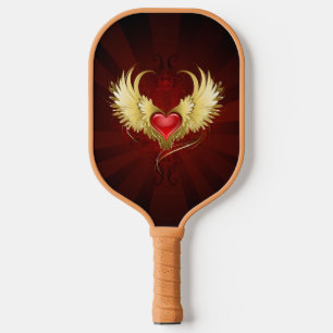 Red Heart with Golden Wings Pickleball Paddle