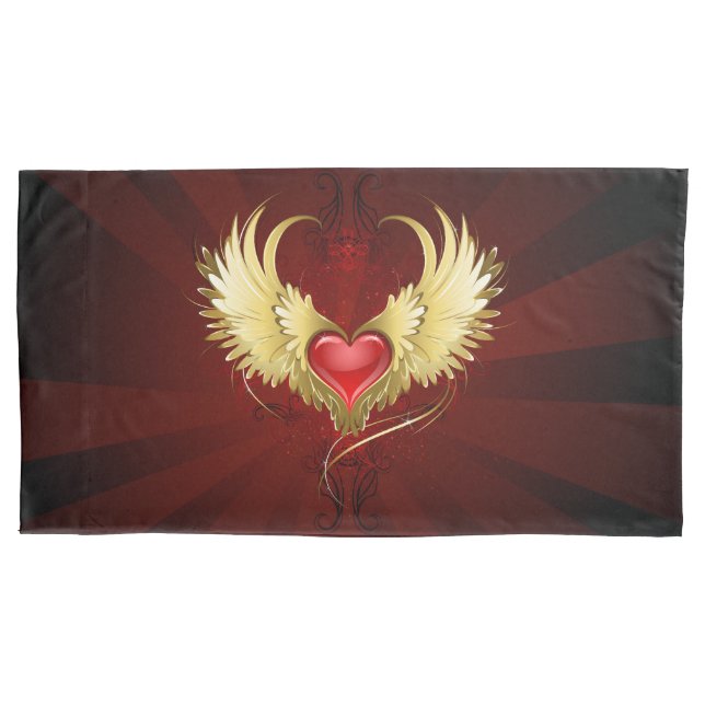 Red Heart with Golden Wings Pillowcase (Front-Left)