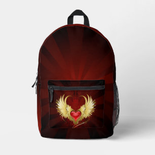 Red Heart with Golden Wings Printed Backpack