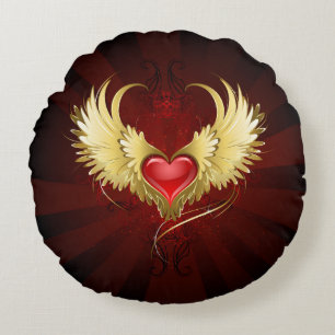 Red Heart with Golden Wings Round Cushion