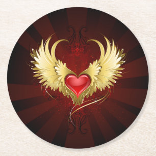 Red Heart with Golden Wings Round Paper Coaster