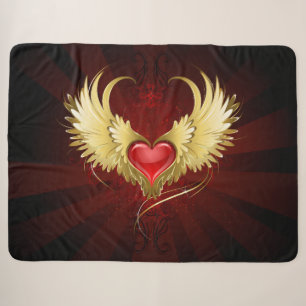 Red Heart with Golden Wings Sherpa Blanket