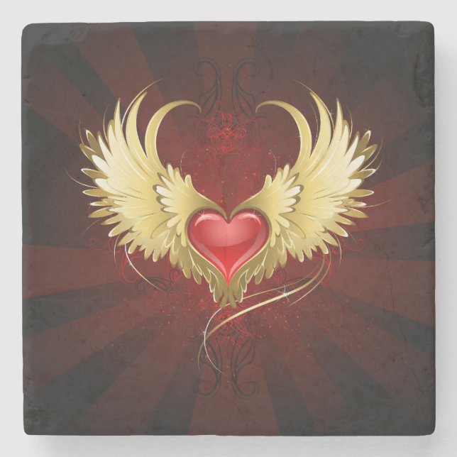 Red Heart with Golden Wings Stone Coaster (Front)
