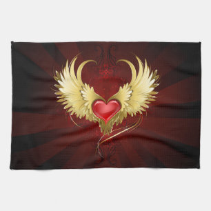 Red Heart with Golden Wings Tea Towel