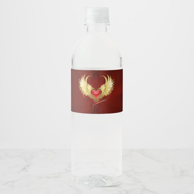 Red Heart with Golden Wings Water Bottle Label (Front)