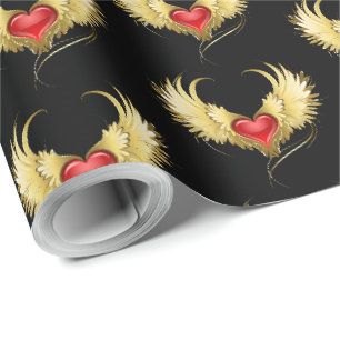 Red Heart with Golden Wings Wrapping Paper