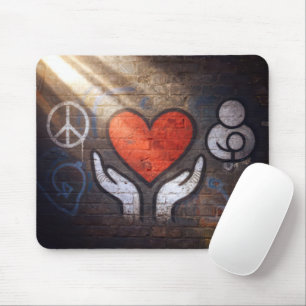 Red Heart with Hands Graffiti On a Brick Wall Mouse Pad