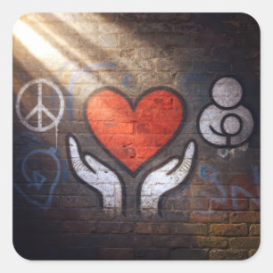 Red Heart with Hands Graffiti On a Brick Wall Square Sticker