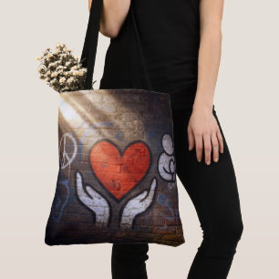 Red Heart with Hands Graffiti On a Brick Wall Tote Bag