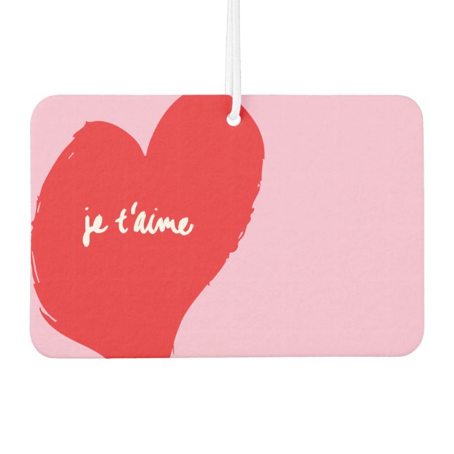 Red heart with je t’aime-text on pink background car air freshener (Front)