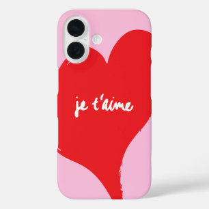 Red heart with je t’aime-text on pink background iPhone 16 case