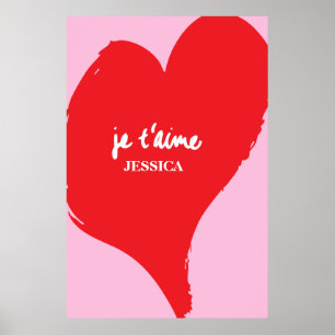 Red heart with je t’aime-text on pink background poster