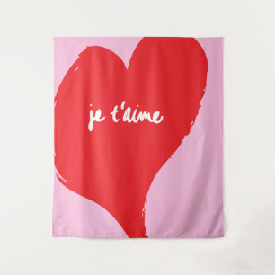 Red heart with je t’aime-text on pink background tapestry