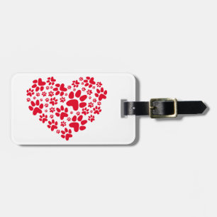 red heart with paws, animal foodprint pattern luggage tag
