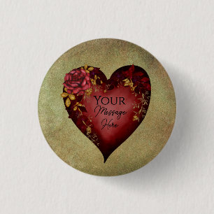Red Heart With Roses Editable 3 Cm Round Badge