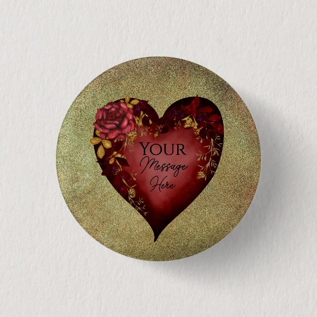 Red Heart With Roses Editable 3 Cm Round Badge (Front)