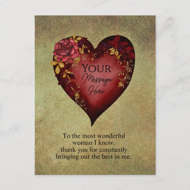 Red Heart With Roses Editable Postcard (Front)