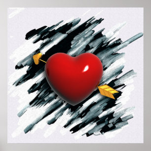 Red Heart with Watercolor Background Painting Poster