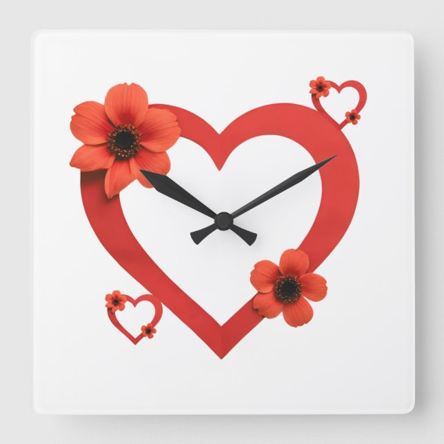 Red Heart Wood Sign, Minimalist Style. Square Wall Clock (Front)