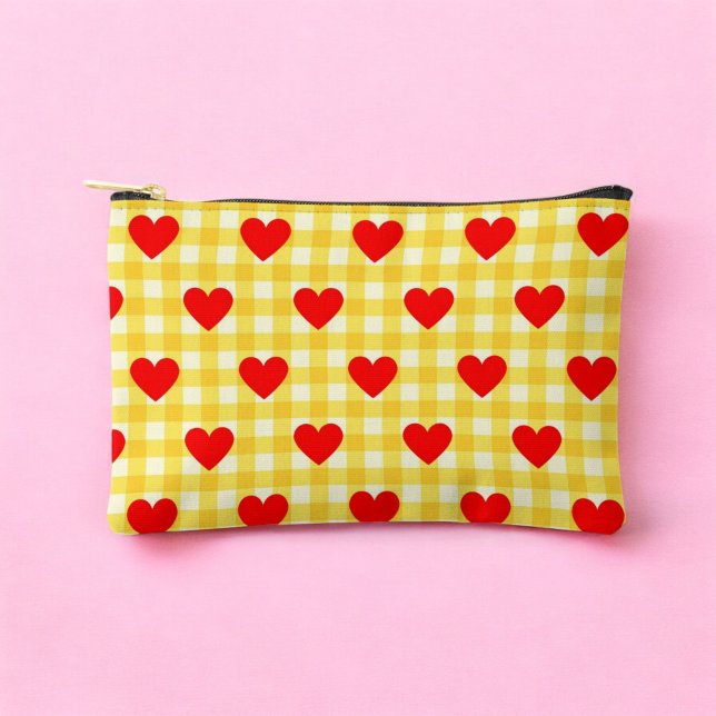 Red Heart Yellow Gingham Pattern Valentine's Day Accessory Pouch (Red Heart Yellow Gingham Pattern Valentine's Day Accessory Pouch)