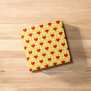 Red Heart Yellow Gingham Valentine's Day Ceramic Tile