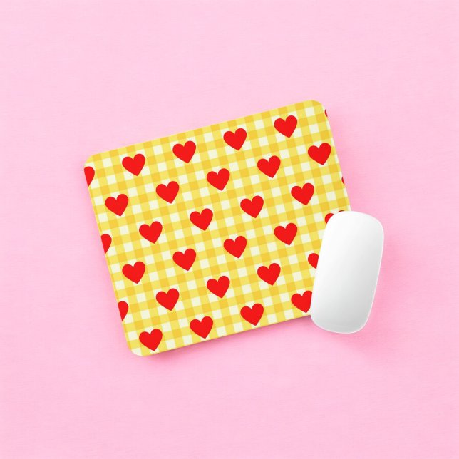 Red Heart Yellow Gingham Valentine's Day Mouse Pad (Red Heart Yellow Gingham Valentine's Day Mouse Pad)