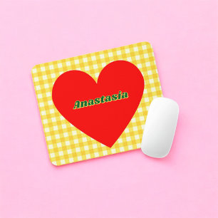 Red Heart Yellow Gingham Valentine's Day Mouse Pad