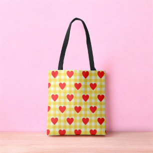 Red Heart Yellow Gingham Valentine's Day Tote Bag