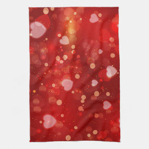 Red Hearts and Bokeh Tea Towel