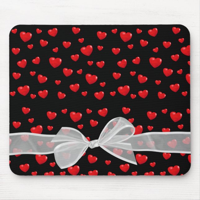 red hearts and bow on black mouse pad (Front)