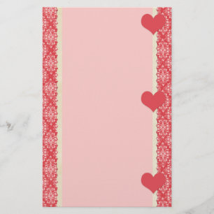 Red Hearts and Damask Frame Stationery