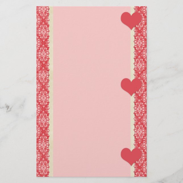 Red Hearts and Damask Frame Stationery (Front)