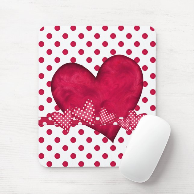 Red Hearts and Dots Mousepad (With Mouse)