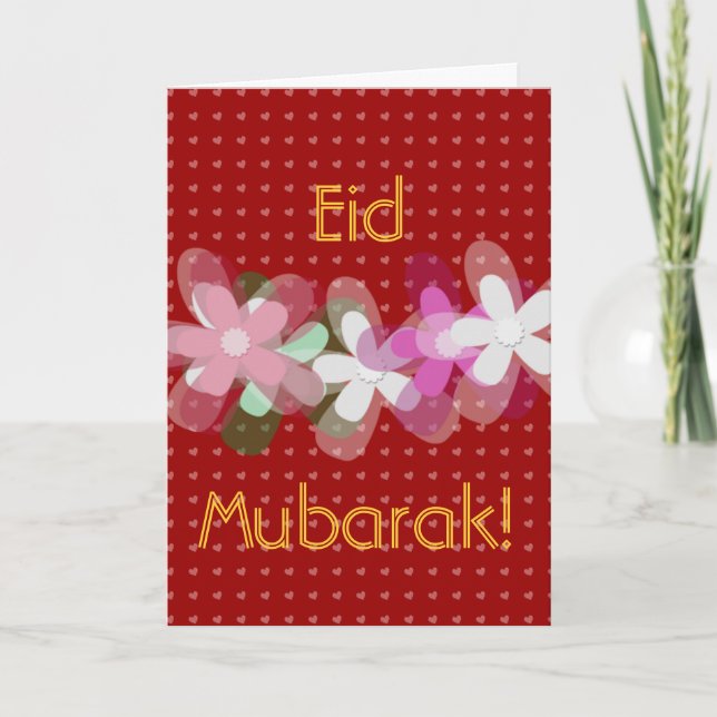Red hearts and flowers Eid Mubarak Holiday Card (Front)