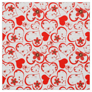 Red hearts and flowers on a white background. fabric