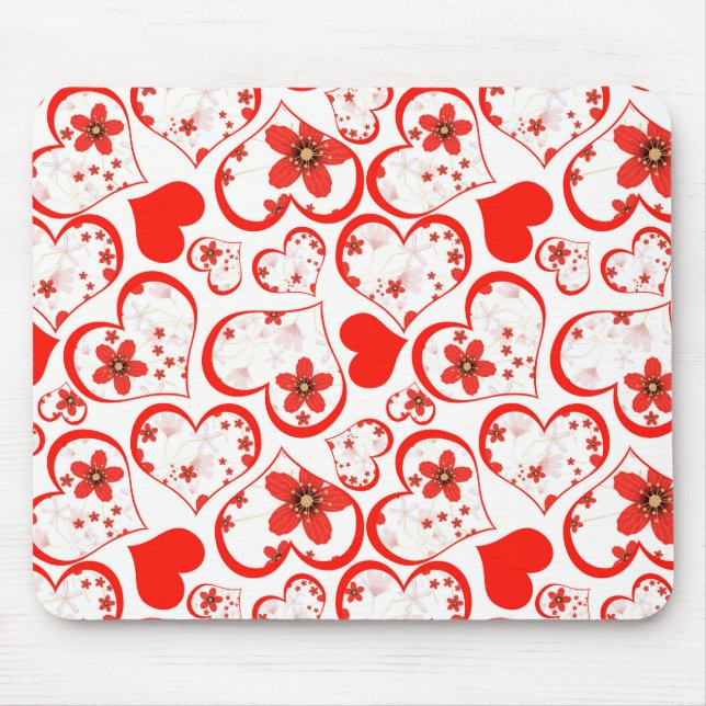 Red hearts and flowers on a white mouse pad (Front)