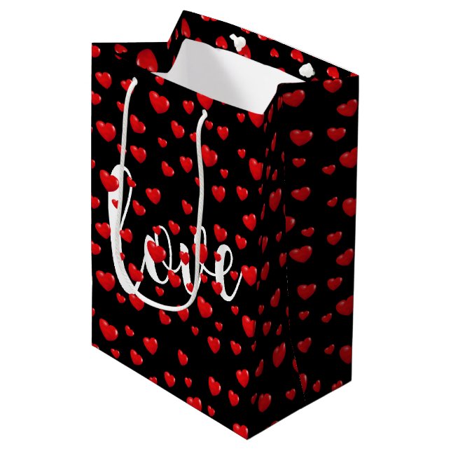 Red Hearts and Love On Black Medium Gift Bag (Front Angled)