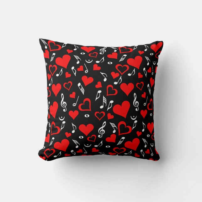 Red Hearts and Music Notes Cushion (Front)