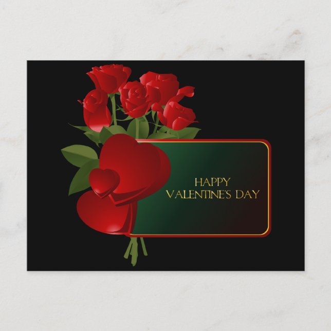 Red Hearts and Roses on Black Valentine Postcard (Front)