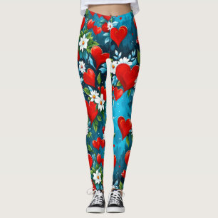 Red Hearts and White Flowers Turquoise Blue Leggings