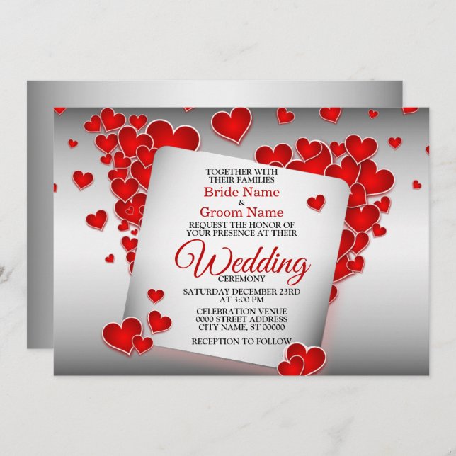 Red Hearts Beautiful Wedding Invitation (Front/Back)