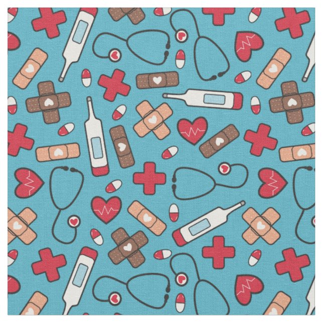Red Hearts Blue Nurse Doctor Pattern Fabric (Close Up)