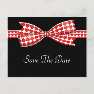 Red Hearts Bow On Black Wedding Announcement Postcard