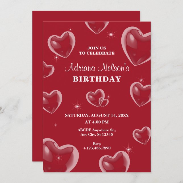 Red Hearts bubble birthday Invitation (Front/Back)