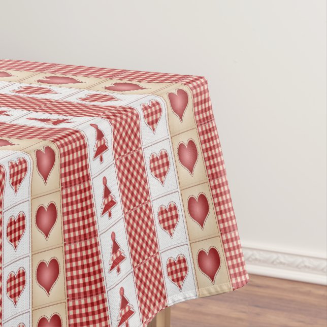 Red Hearts, Check, Christmas Trees  Country Tablecloth (In Situ)