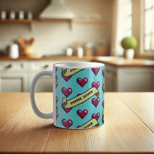 Red Hearts Coffee Lover Retro Pixel Art Pattern Coffee Mug