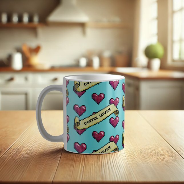 Red Hearts Coffee Lover Retro Pixel Art Pattern Mug (Creator Uploaded)
