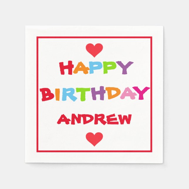 Red Hearts Colourful Personalised Birthday Party Napkin (Front)
